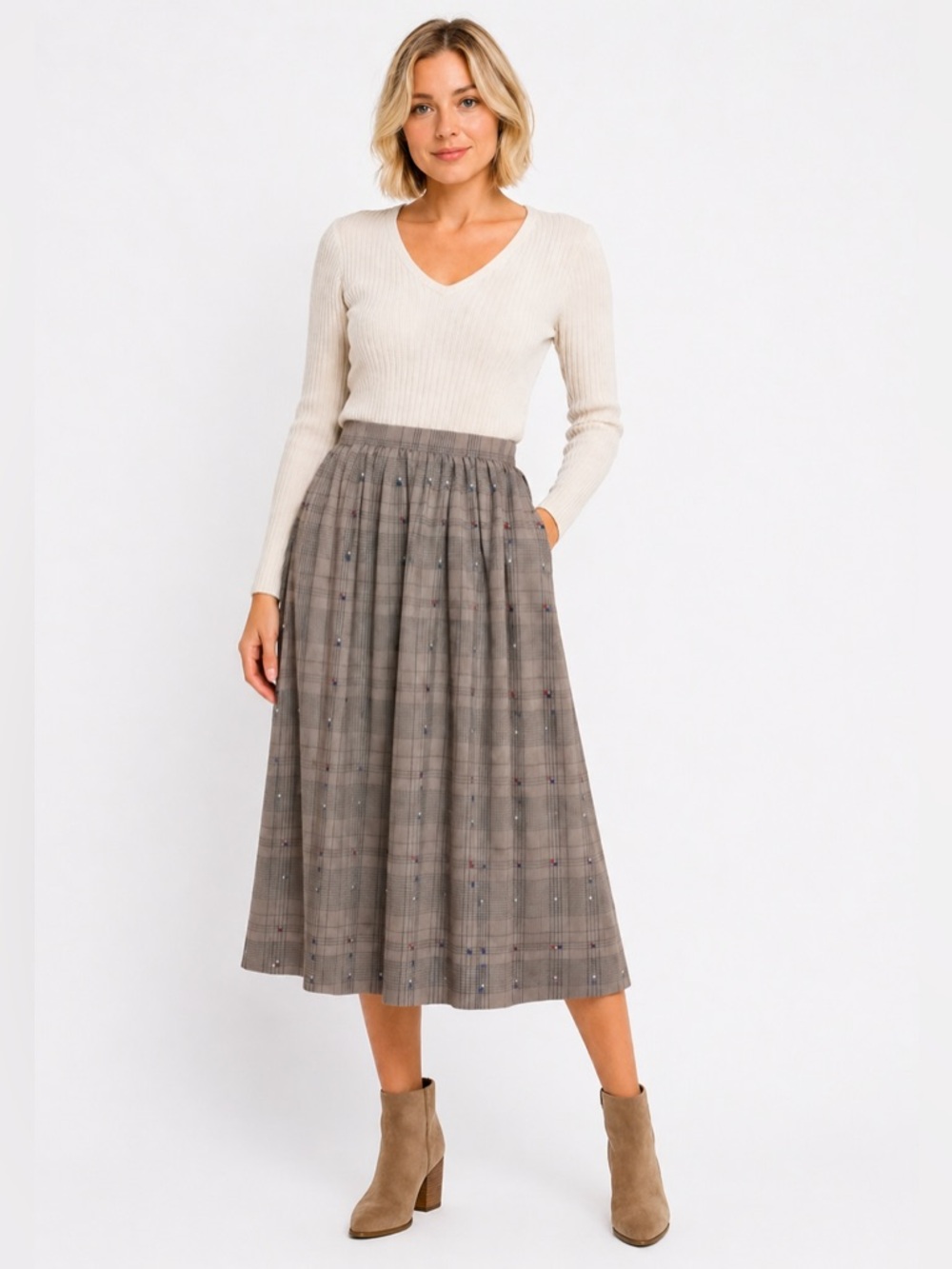 Vintage 80s Chaus Taupe Plaid Midi Skirt Tan Checkered High Waist Pocket